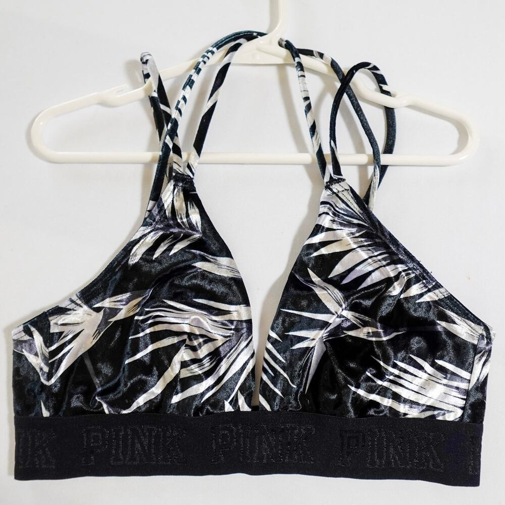 Victoria's Secret PINK Velvet‎ Bralette Size S Black Ivory Tropical Floral